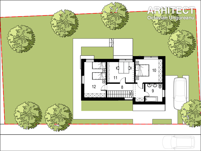 Arhitect Octavian Ungureanu - Proiecte Case
Proiect casă modernă mică P+1E
Jud. Ilfov
Plan Etaj:
7. scara spre etaj
8. hol
9. baie
10. dormitor
11. cameră copii
12. dormitor copii

